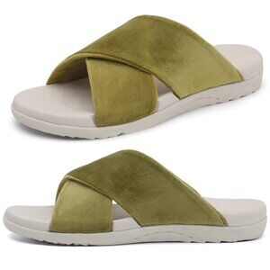 Green Slippers Size 6.5 Women Arch Support Cushion Footbed Slides Open Toe Shoes
